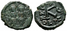 Justin II with Sophia, 565-578 AD. AE Half Follis - 20 Nummi (21mm, 6.54g). Cyzicus mint. Dated RY 5 (569/70 AD). Justin and Sophia, both nimbate, ent...