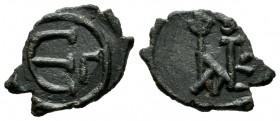 Justin II. 565-578 AD. AE Pentanummium (13mm, 1.38g). Constantinople mint, 3rd officina. Monogram of Justin / Large Є; Γ to right. SB 363.