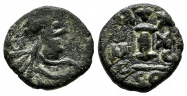 Justinian I. 527-565 AD. AE Decanummium (13mm, 1.93g). Diademed, draped and cuirassed bust right. / Large I; ANNO to left, cross above, date to right;...