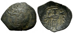 Latin Rulers of Constantinople AD 1204-1261. Billon Trachy (26mm, 3.25g). Christ standing facing / Emperor in uniform standing facing, holding labarum...