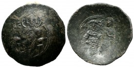 Manuel I. Comnenus, AD.1143-1180. AE Trachy (27mm, 4.26g). Constantinople. IC - XC. Christ Pantokrator entrhoned facing. / MANYHΛ ΔECΠOT, Manuel stand...