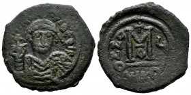Maurice Tiberius, 582-602 AD. AE Follis - 40 Nummi (28mm, 12.02g). Nikomedia, 1st officina. Dated RY 6 (587/8). D N mAVRIC TIbER P P A, Crowned and cu...