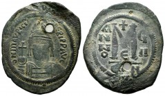 Maurice Tiberius, 582-602 AD. AE Follis - 40 Nummi (37mm, 11.32g). Constantinople, 5rd officina. Dated RY 8 (589/90). D N mAVRICI TIbERI P P AVG, Crow...