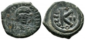 Maurice Tiberius, AD.582-602. AE Half Follis - 20 Nummi (20mm, 6.32g). Constantinople mint, 1st offcina. Dated RY 2 (584/5). Helmeted and cuirassed or...