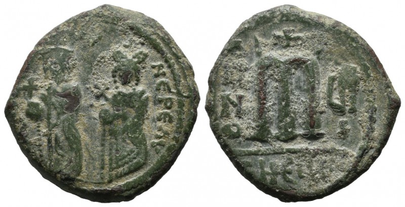 Phocas, with Leontia, AD 602-610. AE Follis (27mm, 10.14g). Theoupolis (Antioch)...