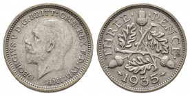 British. George V, VIP proof threepence, 1935, bare head left / oak sprigs and acorns. Rare.