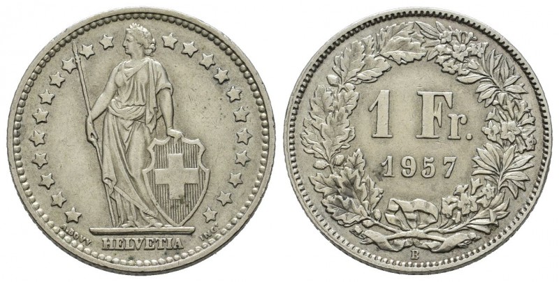 Switzerland, 1964 Silver 1 Franc, KM #24 | Designer: A.Bovy. Standing Helvetia w...