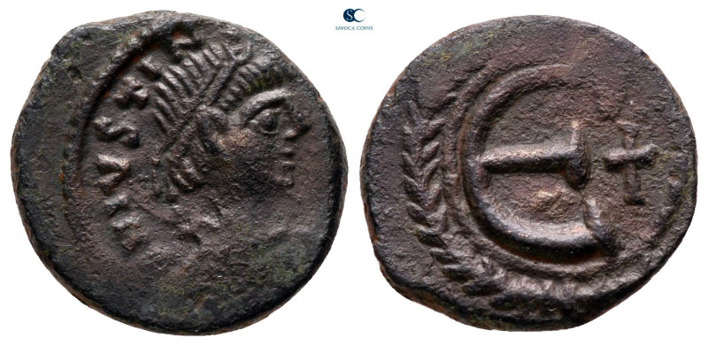 Justinian I AD 527-565. Carthage
Pentanummium Æ

16 mm, 2,77 g



very fi...