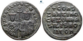 Constantine VII Porphyrogenitus, with Romanus I and Zoe AD 914-919. Constantinople. Follis Æ