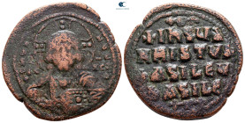 Basil II Bulgaroktonos, with Constantine VIII AD 976-1025. Constantinople. Anonymous Follis Æ