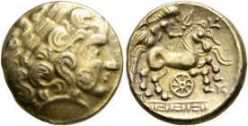 NORTHEAST GAUL. Caleti. 2nd century BC. Half Stater (Electrum, 15 mm, 3.26 g, 7 h), 'type nord-armoricain - à la roue'. Celticized laureate male head ...
