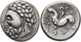 MIDDLE DANUBE. Uncertain tribe. 2nd century BC. Tetradrachm (Silver, 23 mm, 12.37 g, 5 h), 'Zickzackgruppe' type. Stylized laureate and bearded head o...