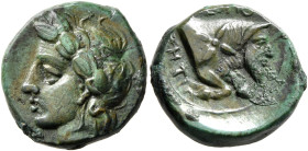 CAMPANIA. Neapolis. Circa 325-320 BC. Quarter Unit (Bronze, 18 mm, 5.18 g, 8 h). Laureate head of Apollo to left. Rev. ΝΕΟΠΟ- ΛΙΤΗΣ Forepart of a man-...