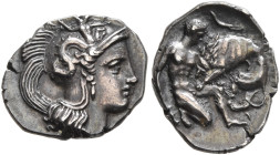 CALABRIA. Tarentum. Circa 325-280 BC. Diobol (Silver, 13 mm, 1.05 g, 10 h). Head of Athena to right, wearing crested Corinthian helmet decorated with ...