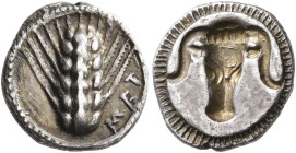 LUCANIA. Metapontion. Circa 470-440 BC. Triobol (Silver, 12 mm, 1.34 g, 6 h). MET Ear of barley with six grains; border of dots. Rev. Incuse boukranio...