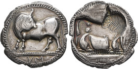 LUCANIA. Sybaris. Circa 550-510 BC. Stater (Silver, 30 mm, 7.88 g, 12 h). YM Bull standing to left on dotted ground line, head turned back to right; a...