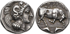 LUCANIA. Thourioi. Circa 350-300 BC. Didrachm or Nomos (Silver, 19 mm, 6.36 g, 12 h). Head of Athena to right, wearing crested Attic helmet adorned, o...