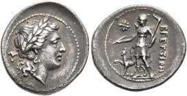 BRUTTIUM. The Brettii. Circa 216-214 BC. Hemidrachm (Silver, 17 mm, 2.20 g, 9 h). Laureate head of Apollo to right; to left, plectrum; below neck, Γ. ...