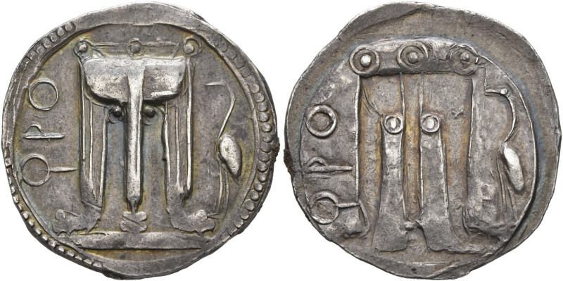 BRUTTIUM. Kroton. Circa 530-500 BC. Stater (Silver, 27 mm, 8.07 g). ϘPO Tripod w...