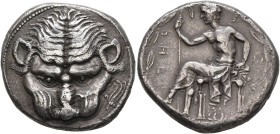 BRUTTIUM. Rhegion. Circa 425-420 BC. Tetradrachm (Silver, 27 mm, 17.24 g, 4 h). Facing head of a lion; in field to right, olive sprig. Rev. ΡHΓI-NO-Σ ...