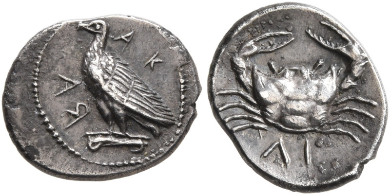 SICILY. Akragas. Circa 450-440 BC. Litra (Silver, 10 mm, 0.71 g, 3 h). AK- RA Ea...