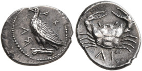 SICILY. Akragas. Circa 450-440 BC. Litra (Silver, 10 mm, 0.71 g, 3 h). AK- RA Eagle, with closed wings, standing left on Ionic capital. Rev. Crab; bel...
