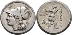 SICILY. Syracuse. Fifth Democracy, 214-212 BC. 12 Litrai (Silver, 25 mm, 10.21 g, 6 h). Head of Athena to left, wearing crested Corinthian helmet deco...
