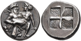 ISLANDS OFF THRACE, Thasos. Circa 412-404 BC. Drachm (Silver, 14 mm, 3.56 g). Nude ithyphallic satyr, balding and with long beard, moving right in 'ru...