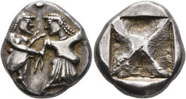 THRACO-MACEDONIAN REGION. Berge (?). Circa 525-480 BC. Stater (Silver, 21 mm, 9.91 g). Ithyphallic satyr standing right, grasping right wrist of nymph...