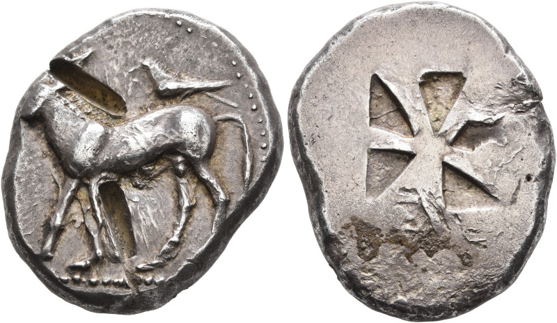 MACEDON. Mende. Circa 510-480 BC. Tetradrachm (Silver, 27 mm, 17.53 g). Mule adv...