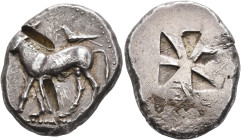 MACEDON. Mende. Circa 510-480 BC. Tetradrachm (Silver, 27 mm, 17.53 g). Mule advancing to left; on its back, bird standing left. Rev. Incuse square of...