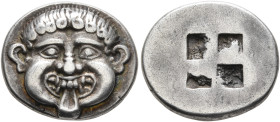 MACEDON. Neapolis. Circa 500-480 BC. Drachm (Silver, 17 mm, 4.00 g). Facing gorgoneion with protruding tongue. Rev. Quadripartite incuse square. AMNG ...
