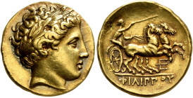 KINGS OF MACEDON. Philip II, 359-336 BC. Stater (Gold, 19 mm, 8.42 g, 1 h), Pella, struck under Philip II or Alexander III, circa 340-328. Laureate he...