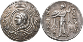 KINGS OF MACEDON. Antigonos II Gonatas, 277/6-239 BC. Tetradrachm (Silver, 30 mm, 17.17 g, 3 h), Amphipolis, circa 274/1-260/55. Horned head of Pan to...