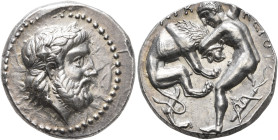 KINGS OF PAEONIA. Lykkeios, circa 359-335 BC. Tetradrachm (Silver, 23 mm, 12.90 g, 9 h). Laureate head of Zeus to right. Rev. ΛYK-KEIOY Herakles stand...