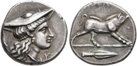 AITOLIA, Aitolian League. Circa 230-220 BC. Triobol (Silver, 14 mm, 2.85 g, 4 h). Λ - Υ Head of Aitolia to right, wearing kausia and single pendant ea...