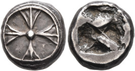 ATTICA. Athens. Circa 515-510 BC. Drachm (Silver, 14 mm, 4.31 g), 'Wappenmünzen' type. Wheel with four spokes. Rev. Quadripartite incuse square, divid...