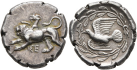 SIKYONIA. Sikyon. Circa 431-400 BC. Drachm (Silver, 19 mm, 5.96 g, 12 h). Chimaira, with right forepaw raised, standing to left; below, ΣΕ. Rev. Dove ...