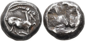 CYCLADES, Paros. Circa 520/15-500 BC. Drachm (Silver, 15 mm, 6.00 g), Aeginetic standard. Goat kneeling to right; below, dolphin to right. Rev. Rough ...
