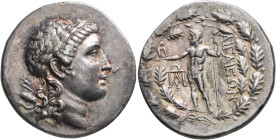 AEOLIS. Aigai. Circa 151-143 BC. Tetradrachm (Silver, 32 mm, 17.54 g, 12 h). Laureate head of Apollo Smintheos to right, with bow and quiver over his ...