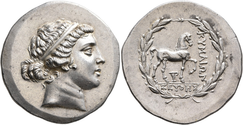 AEOLIS. Kyme. Circa 155-143 BC. Tetradrachm (Silver, 34 mm, 16.71 g, 12 h), Seut...