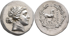 AEOLIS. Kyme. Circa 155-143 BC. Tetradrachm (Silver, 34 mm, 16.71 g, 12 h), Seuthes, magistrate. Diademed head of the Amazon Kyme to right. Rev. KYMAI...