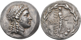 AEOLIS. Myrina. Circa 160-143 BC. Tetradrachm (Silver, 33 mm, 16.83 g, 12 h). Laureate head of Apollo to right. Rev. MΥΡINAIΩN Apollo Gryneios standin...