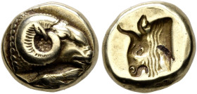 LESBOS. Mytilene. Circa 521-478 BC. Hekte (Electrum, 10 mm, 2.60 g, 6 h). Head of a ram to right; below, rooster standing left. Rev. Incuse head of a ...