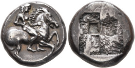 IONIA. Erythrai (?). Circa 500-480 BC. Didrachm (Silver, 16 mm, 7.00 g). Nude hero (Erythros?) on horseback to right. Rev. Quadripartite incuse square...
