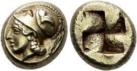 IONIA. Phokaia. Circa 387-326 BC. Hekte (Electrum, 10 mm, 2.55 g). Head of Athena to left, wearing crested Corinthian helmet decorated with a seal swi...