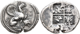 IONIA. Teos. Circa 450-425 BC. Stater (Silver, 25 mm, 11.86 g). THI Griffin, with curved wings, seated to right, raising left foreleg; in field to rig...