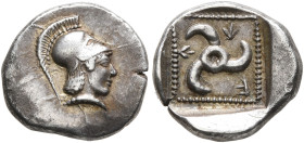 DYNASTS OF LYCIA. Vekhssere I, circa 450-430 BC. Diobol (Silver, 11 mm, 1.35 g), uncertain mint. Head of Athena to right, wearing crested Corinthian h...