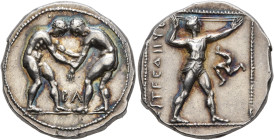 PAMPHYLIA. Aspendos. Circa 380/75-330/25 BC. Stater (Silver, 10.91 mm, 23.00 g, 12 h). Two nude wrestlers, standing and grappling with each other; bet...