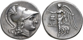 PAMPHYLIA. Side. Circa 205-180 BC. Tetradrachm (Silver, 27 mm, 17.06 g, 12 h), Deino..., magistrate. Head of Athena to right, wearing crested Corinthi...